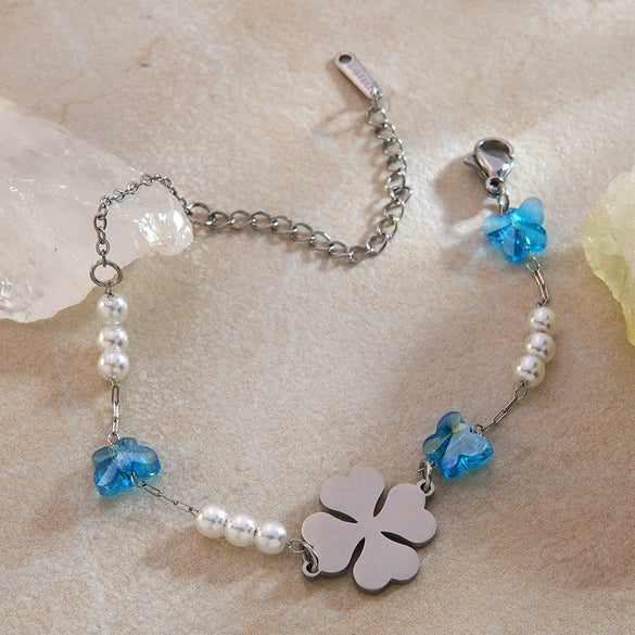 Wholesale Vintage Electroplated Stainless Steel Flowershaped Pearl Bracelet For Women
