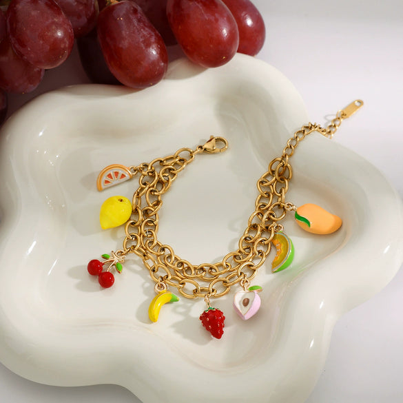Wholesale Vintage Exquisite Girls Stainless Steel Double Cross Chain Fruit Shaped Bracelet With Electroplating