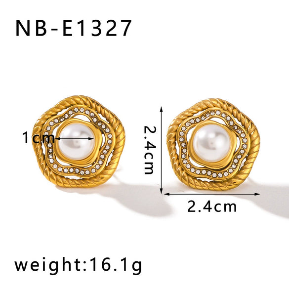 Wholesale Vintage Fashion Women's Stainless Steel Gold Stud Earrings With Round Inlaid Pearl Zircon And 18K Vacuum Plating In Furnace Geometric Design
