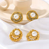 Wholesale Vintage Fashion Women's Stainless Steel Gold Stud Earrings With Round Inlaid Pearl Zircon And 18K Vacuum Plating In Furnace Geometric Design