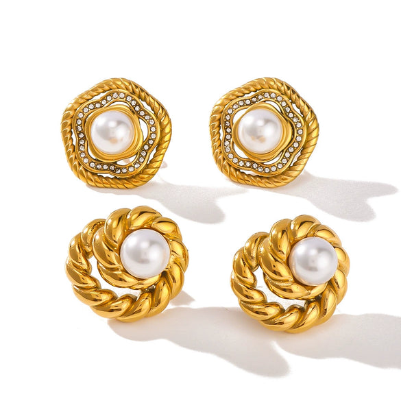 Wholesale Vintage Fashion Women's Stainless Steel Gold Stud Earrings With Round Inlaid Pearl Zircon And 18K Vacuum Plating In Furnace Geometric Design