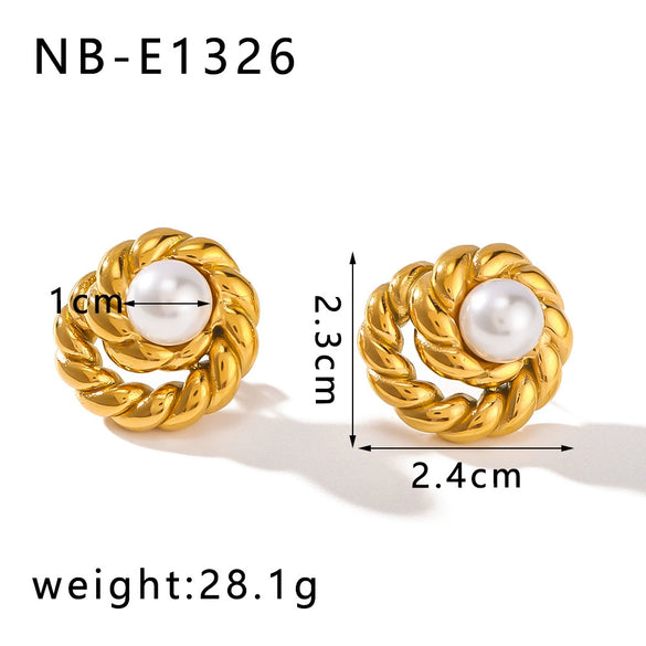 Wholesale Vintage Fashion Women's Stainless Steel Gold Stud Earrings With Round Inlaid Pearl Zircon And 18K Vacuum Plating In Furnace Geometric Design