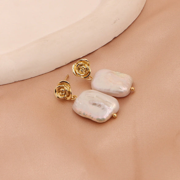 Wholesale Vintage Freshwater Pearl Baroque Copper Flower Earrings For Women