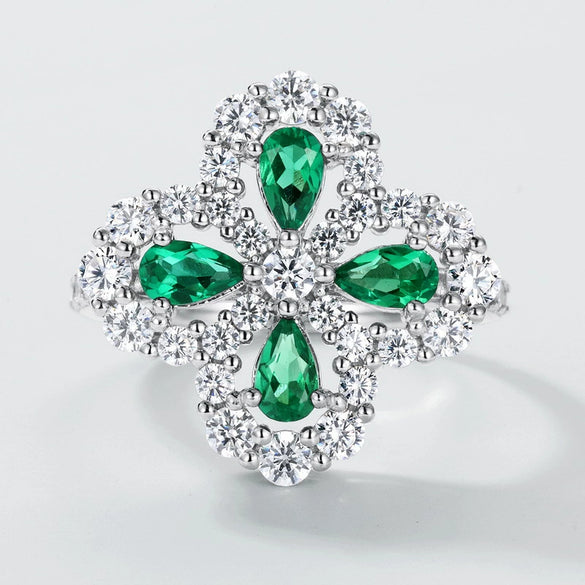 Wholesale Vintage Geometric Cultivation Emerald Four Leaf Clover Ring In S925 Silver