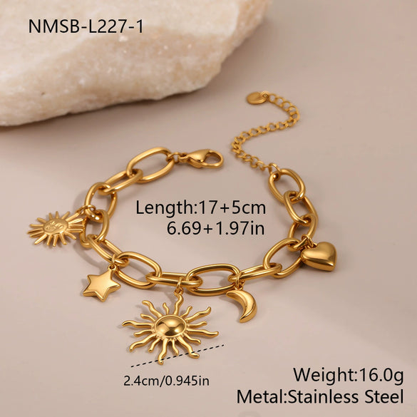 Wholesale Vintage Geometric Electroplated 18K Gold Stainless Steel Moon Heart Sun Pendant Bracelet For Women
