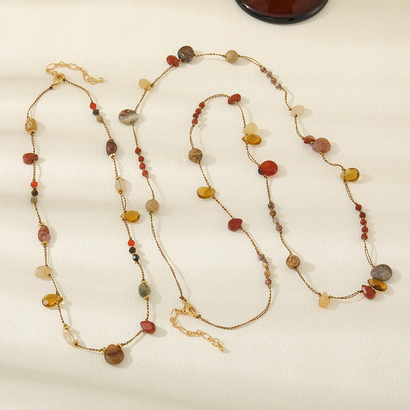 Wholesale Vintage Geometric Natural Stone Agate Tiger Eye Stone Handmade Women's Sweater Chain Necklace