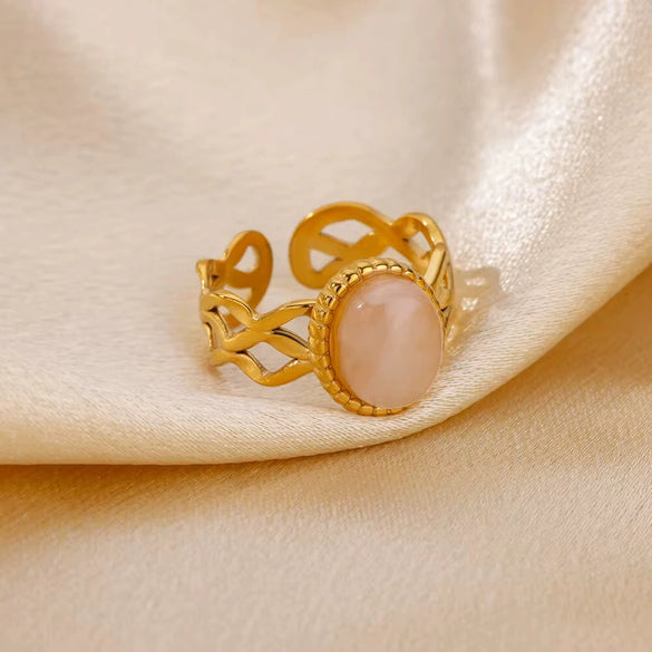 Wholesale Vintage Geometric Natural Stone Inlaid Stainless Steel Open Ring With Electroplating