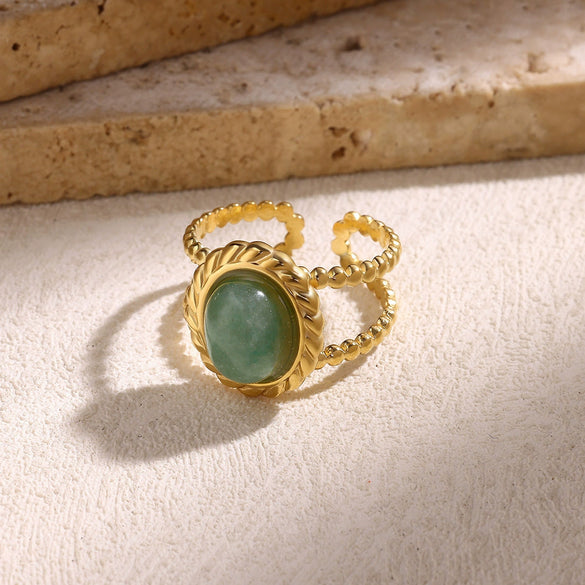 Wholesale Vintage Geometric Natural Stone Inlaid Stainless Steel Open Ring With Electroplating