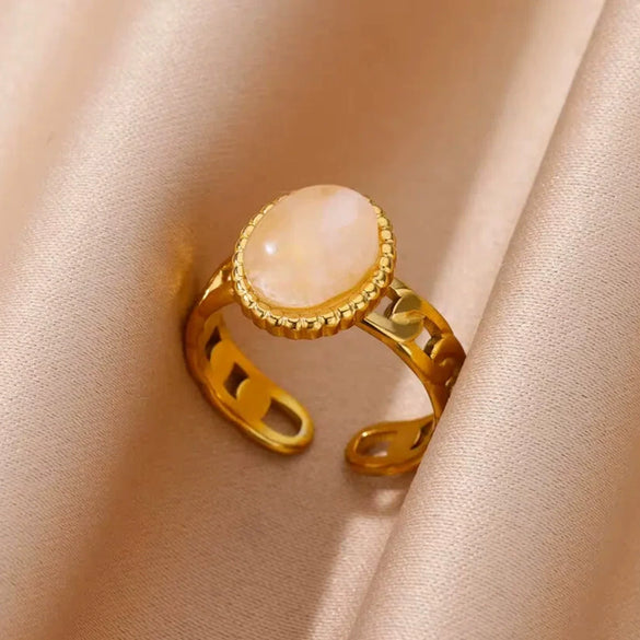Wholesale Vintage Geometric Natural Stone Inlaid Stainless Steel Open Ring With Electroplating