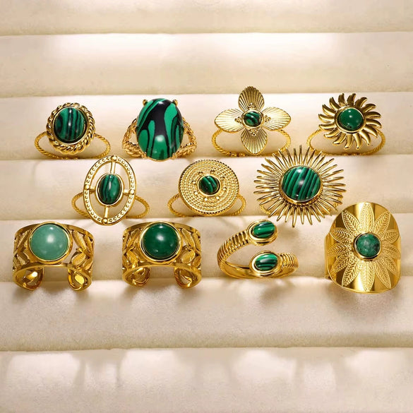 Wholesale Vintage Geometric Natural Stone Stainless Steel Ring Electroplated 18K Gold For Women