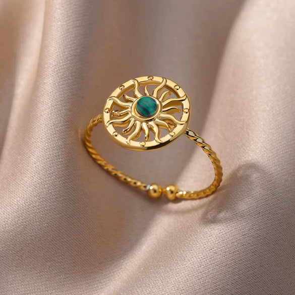 Wholesale Vintage Geometric Natural Stone Stainless Steel Ring Electroplated 18K Gold For Women