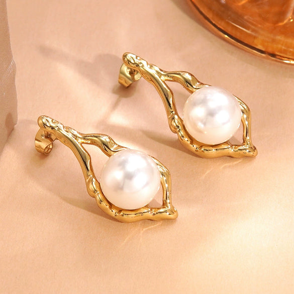 Wholesale Vintage Geometric Pearl Stainless Steel Electroplated Earrings For Women