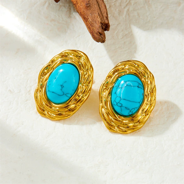 Wholesale Vintage Geometric Stainless Steel Earrings Inlaid With Blue Turquoise And Gold Plated