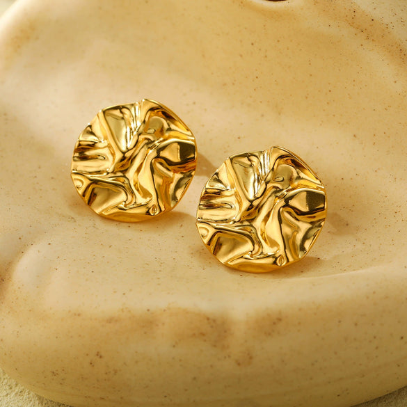 Wholesale Vintage Geometric Stainless Steel 18K Gold Electroplated Round Pleated Women's Earrings
