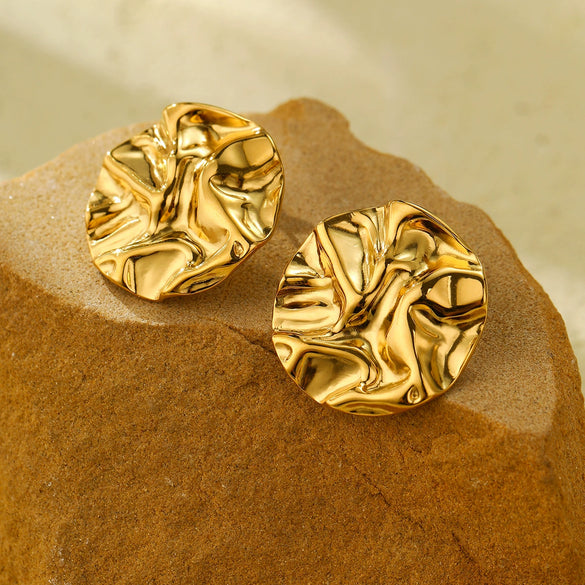 Wholesale Vintage Geometric Stainless Steel 18K Gold Electroplated Round Pleated Women's Earrings