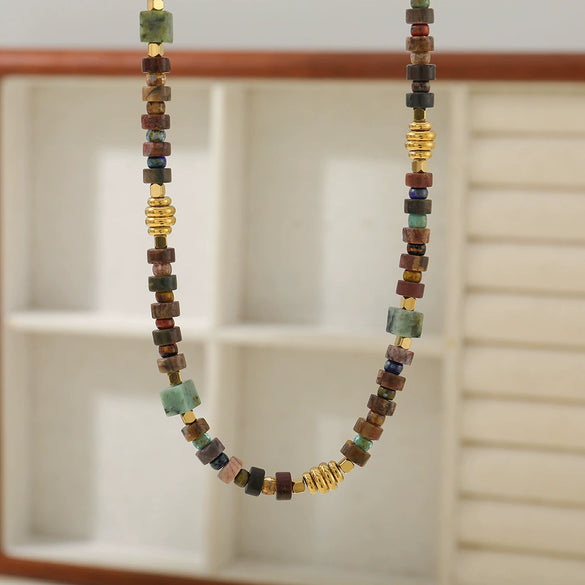 Wholesale Vintage Handmade Natural Stone Stainless Steel African Pine Heart Shape Beaded Necklace For Women