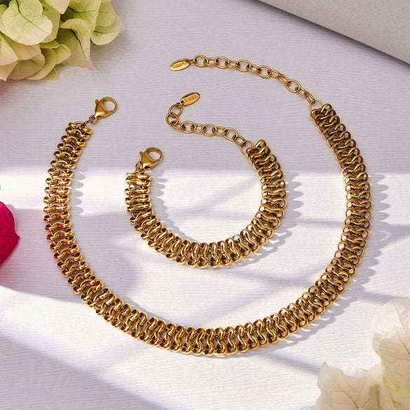 Wholesale Vintage Handmade Woven Stainless Steel Spliced Cuban Chain Necklace And Bracelet Set For Women Pvd Gold Plated