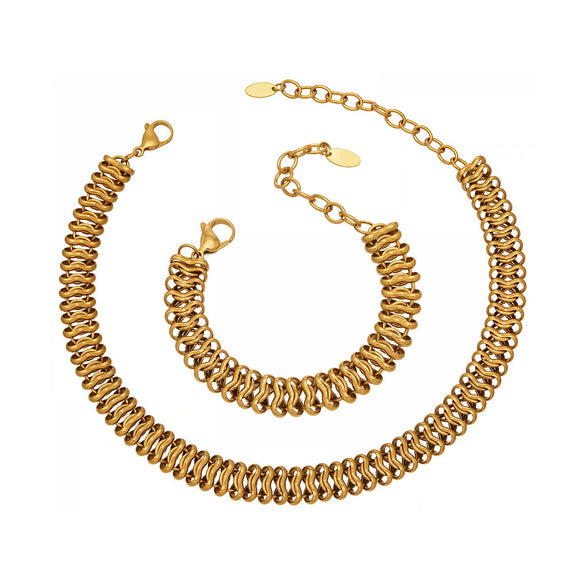 Wholesale Vintage Handmade Woven Stainless Steel Spliced Cuban Chain Necklace And Bracelet Set For Women Pvd Gold Plated
