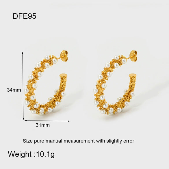 Wholesale Vintage Highgloss Geometric Cshaped Stainless Steel Earrings Set With Pearls 18K Gold Plated For Women