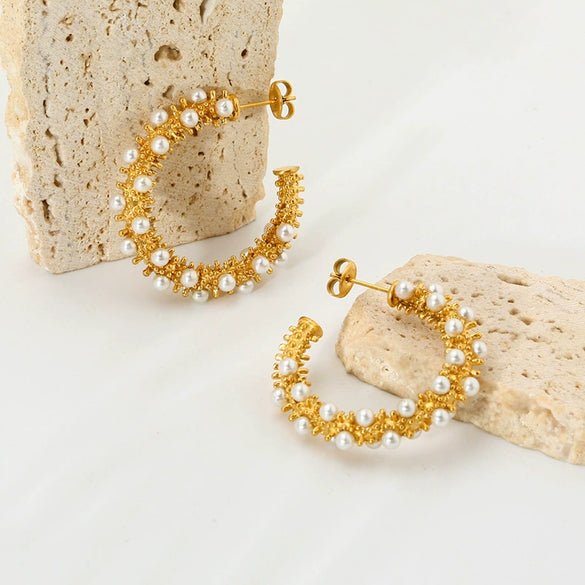 Wholesale Vintage Highgloss Geometric Cshaped Stainless Steel Earrings Set With Pearls 18K Gold Plated For Women