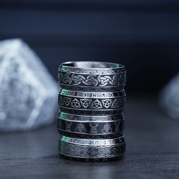 Wholesale Vintage Iron Warrior Celtic Knot Geometric Text Stainless Steel Ring With Electroplating