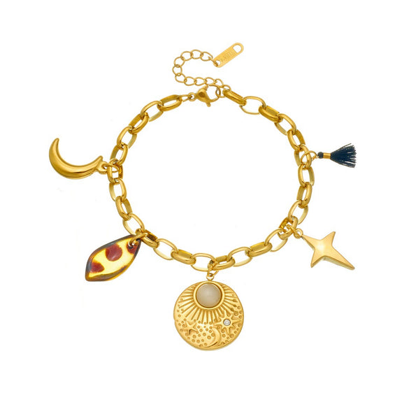 Wholesale Vintage Leopard Print Geometric Star Moon Pattern Embossed Stainless Steel Electroplated Bracelet For Women