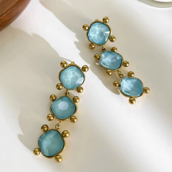 Wholesale Vintage Light Luxury Creative Geometric Square Stainless Steel Women's Earrings With Natural Stone And Green Gemstone