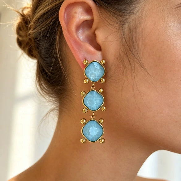 Wholesale Vintage Light Luxury Creative Geometric Square Stainless Steel Women's Earrings With Natural Stone And Green Gemstone