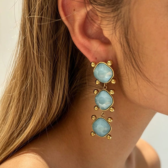 Wholesale Vintage Light Luxury Creative Geometric Square Stainless Steel Women's Earrings With Natural Stone And Green Gemstone