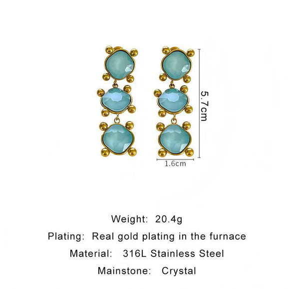Wholesale Vintage Light Luxury Creative Geometric Square Stainless Steel Women's Earrings With Natural Stone And Green Gemstone