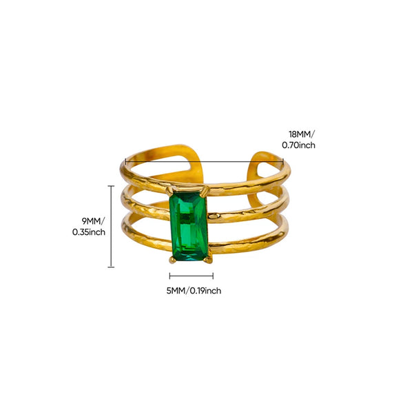 Wholesale Vintage Light Luxury Gold Plated Geometric Ushaped Stainless Steel Zircon Crystal Green Multilayer Hollow Open Ring For Women