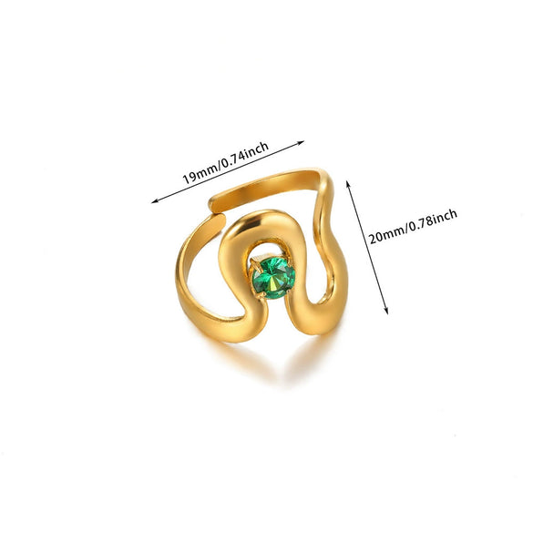 Wholesale Vintage Light Luxury Gold Plated Geometric Ushaped Stainless Steel Zircon Crystal Green Multilayer Hollow Open Ring For Women