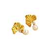 Wholesale Vintage Natural Geometric Stainless Steel 18K Gold Plated Pearl Ginkgo Leaf Earrings