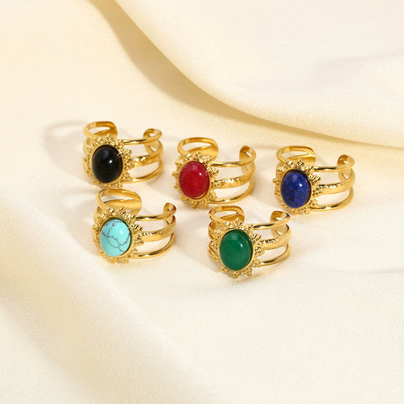 Wholesale Vintage Natural Stone Lapis Lazulio Opening Ring For Women Stainless Steel With 18K Gold Plating And Animal Zodiac Design