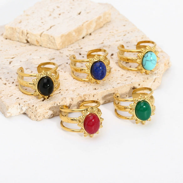 Wholesale Vintage Natural Stone Lapis Lazulio Opening Ring For Women Stainless Steel With 18K Gold Plating And Animal Zodiac Design