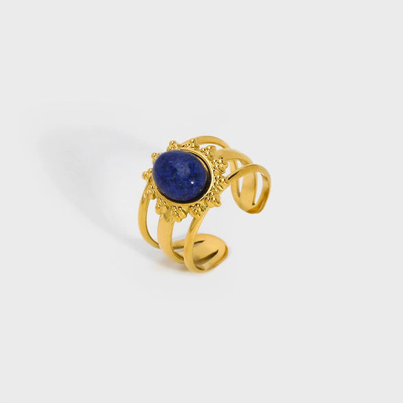 Wholesale Vintage Natural Stone Lapis Lazulio Opening Ring For Women Stainless Steel With 18K Gold Plating And Animal Zodiac Design