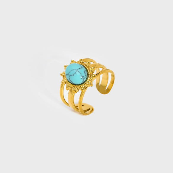 Wholesale Vintage Natural Stone Lapis Lazulio Opening Ring For Women Stainless Steel With 18K Gold Plating And Animal Zodiac Design
