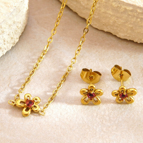 Wholesale Vintage Plants And Flowers Stainless Steel Jewelry Set Electroplated 18K Gold Zircon For Women