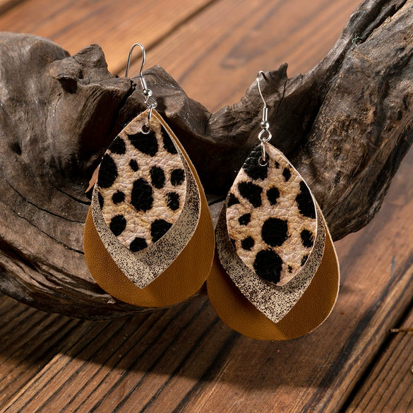 Wholesale Vintage Retro Multi Layer Water Drop Leaf Pu Leather Geometric Earrings