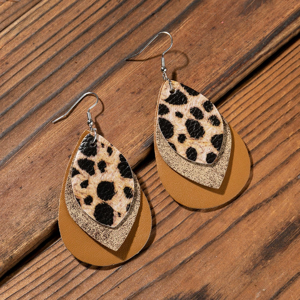 Wholesale Vintage Retro Multi Layer Water Drop Leaf Pu Leather Geometric Earrings