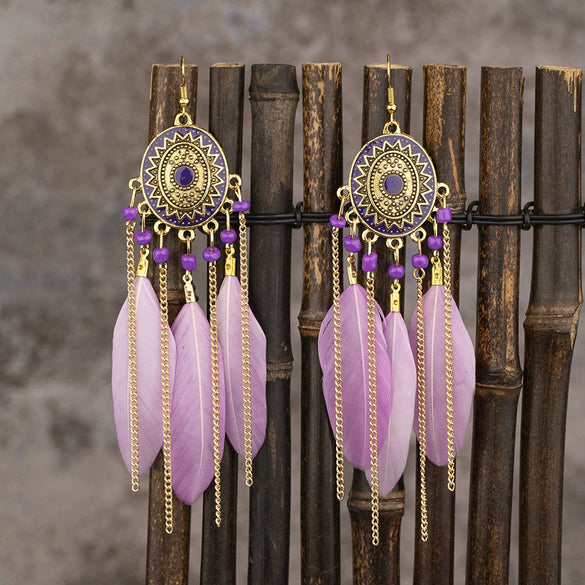 Wholesale Vintage Retro Style Alloy Feather Chain Tassel Earrings With Geometric Pattern And Electroplating For Women