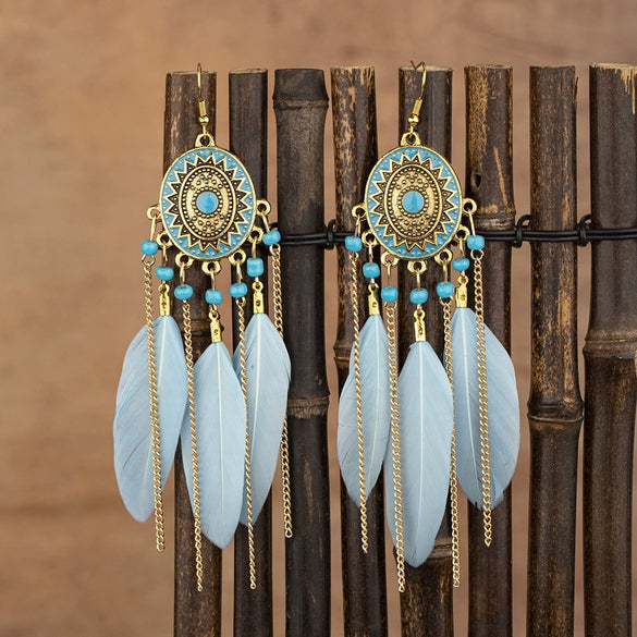 Wholesale Vintage Retro Style Alloy Feather Chain Tassel Earrings With Geometric Pattern And Electroplating For Women