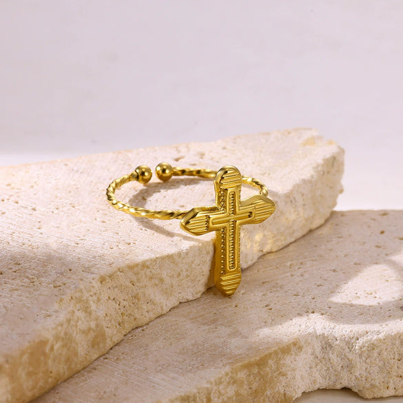 Wholesale Vintage Stainless Steel And Natural Stone Ring With Geometric Pattern And U Shape For Women Electroplated