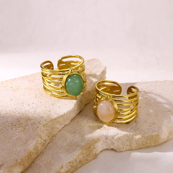 Wholesale Vintage Stainless Steel And Natural Stone Ring With Geometric Pattern And U Shape For Women Electroplated