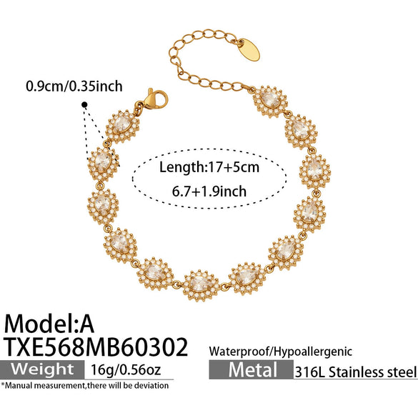 Wholesale Vintage Stainless Steel Electroplated Water Drop Zircon Clawset Full Diamond Pendant Earring Necklace Bracelet Set For Women