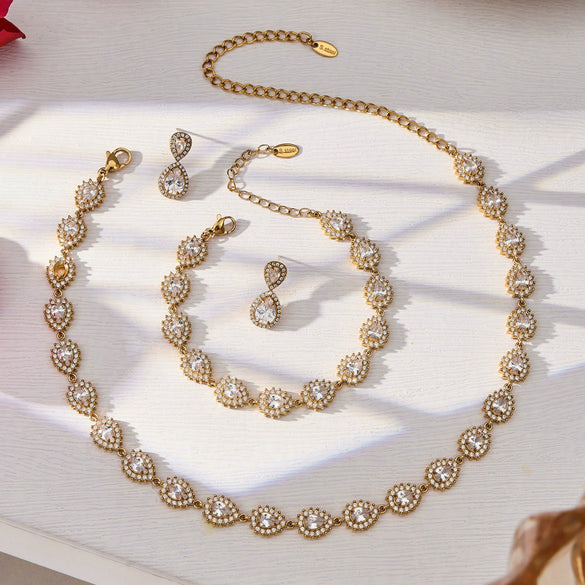 Wholesale Vintage Stainless Steel Electroplated Water Drop Zircon Clawset Full Diamond Pendant Earring Necklace Bracelet Set For Women