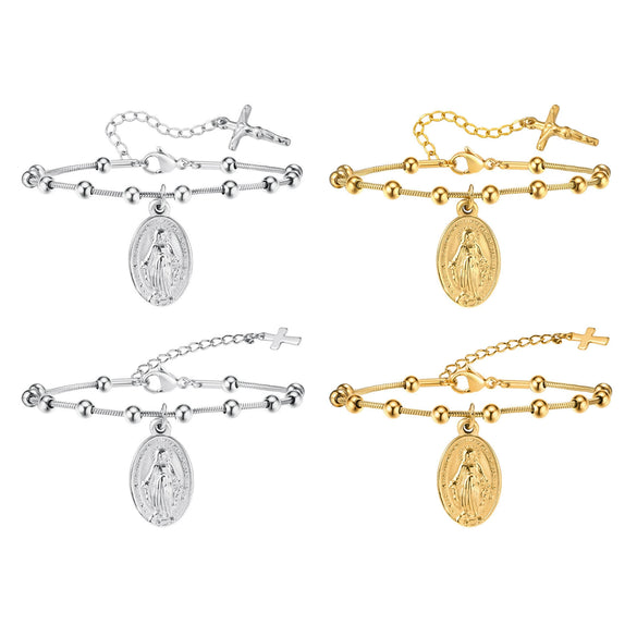 Wholesale Vintage Stainless Steel Geometric Beaded Snake Chain Bracelet For Women Electroplated