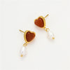 Wholesale Vintage Stainless Steel 18K Heart Shaped Pendant Necklace And Earrings Set Inlaid With Red Agate And Natural Pearl For Women With Electroplating Treatment