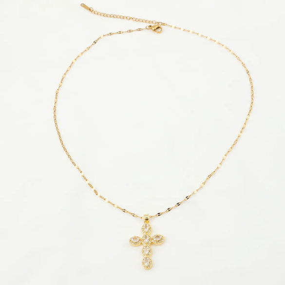 Vintage Style Geometric Cross Stainless Steel Plating Inlay Rhinestones Pearl Zircon 18k Gold Plated Pendant Necklace