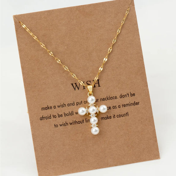 Vintage Style Geometric Cross Stainless Steel Plating Inlay Rhinestones Pearl Zircon 18k Gold Plated Pendant Necklace